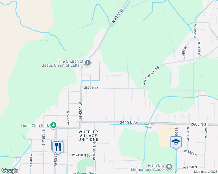 map of restaurants, bars, coffee shops, grocery stores, and more near 4048 2800 North Street in Plain City