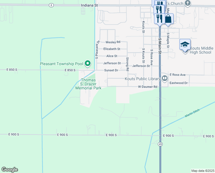 map of restaurants, bars, coffee shops, grocery stores, and more near 1098 S Diana Dr in Kouts