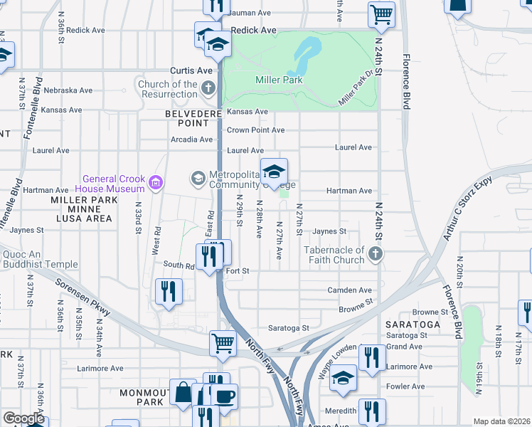 map of restaurants, bars, coffee shops, grocery stores, and more near 5625 North 28th Avenue in Omaha