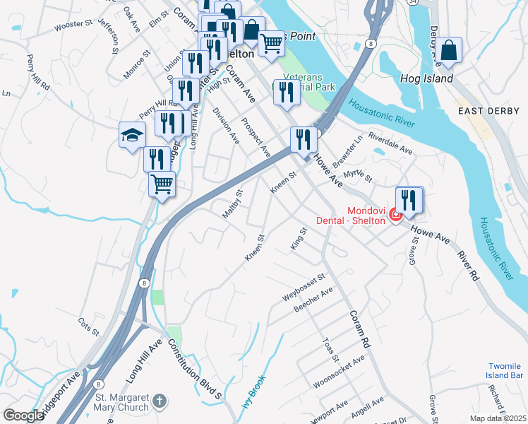 map of restaurants, bars, coffee shops, grocery stores, and more near 87 Kneen Street in Shelton