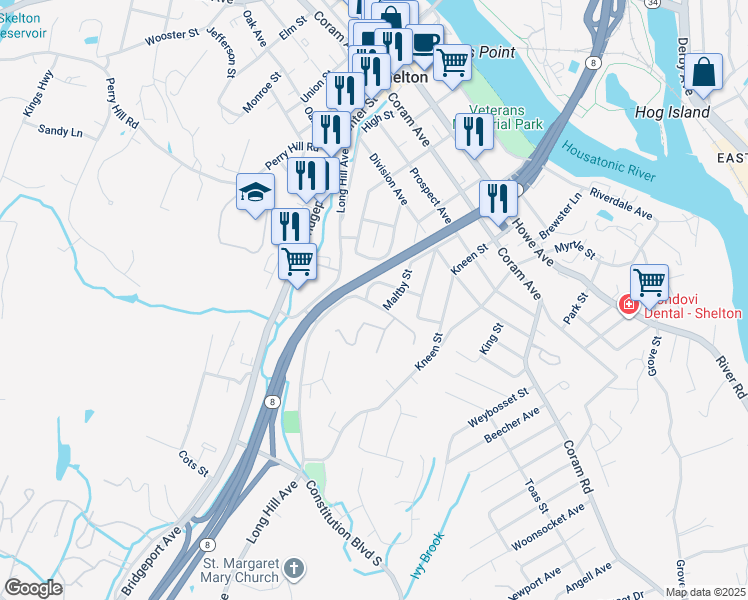 map of restaurants, bars, coffee shops, grocery stores, and more near 130 1/2 Long Hill Avenue in Shelton