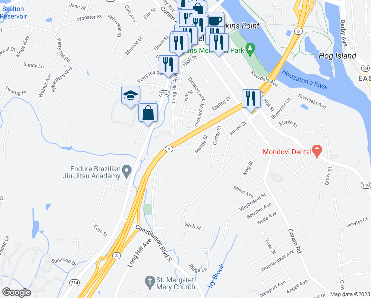 map of restaurants, bars, coffee shops, grocery stores, and more near 32 Wakelee Ave in Shelton