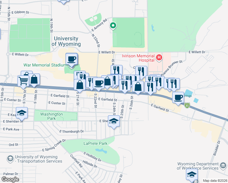 map of restaurants, bars, coffee shops, grocery stores, and more near 2405 C Grand Avenue in Laramie
