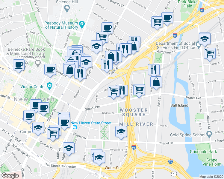 map of restaurants, bars, coffee shops, grocery stores, and more near 73 William Street in New Haven