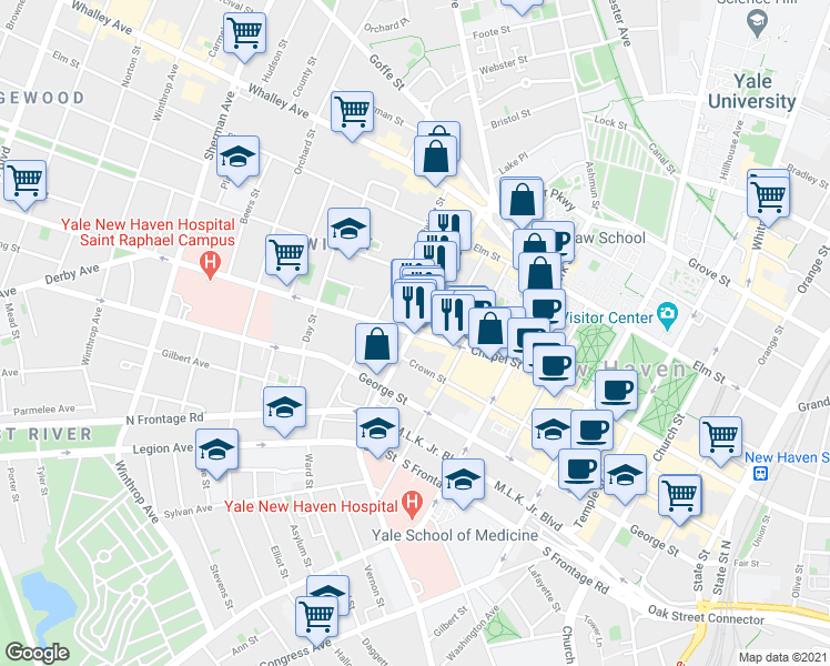 map of restaurants, bars, coffee shops, grocery stores, and more near 1227 Chapel Street in New Haven