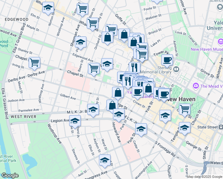 map of restaurants, bars, coffee shops, grocery stores, and more near 1281 Chapel Street in New Haven
