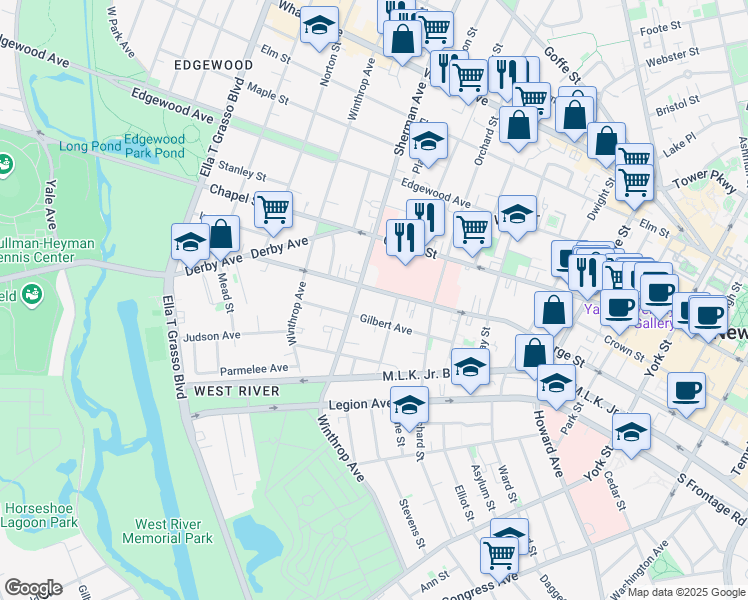 map of restaurants, bars, coffee shops, grocery stores, and more near in New Haven
