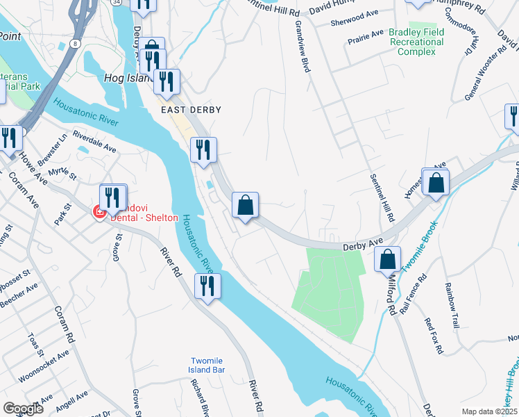 map of restaurants, bars, coffee shops, grocery stores, and more near 140 New Haven Avenue in Derby