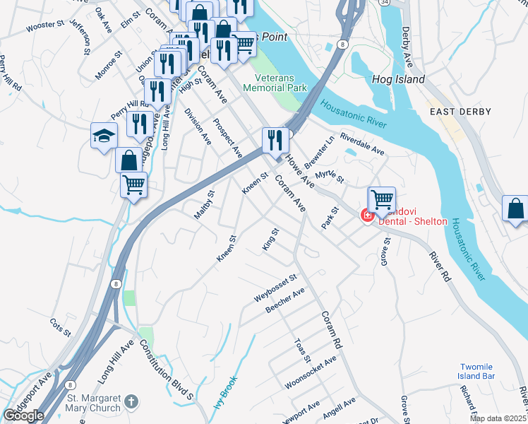map of restaurants, bars, coffee shops, grocery stores, and more near 175 Myrtle Street in Shelton