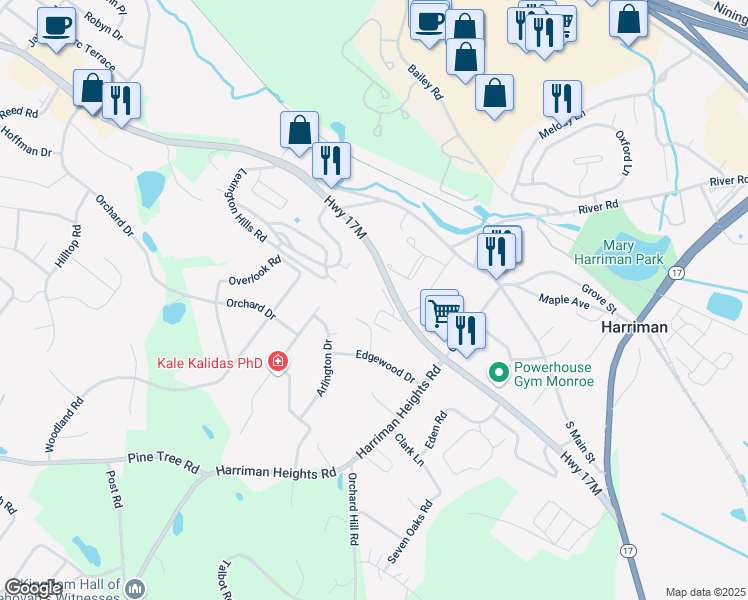 map of restaurants, bars, coffee shops, grocery stores, and more near 98 Harriman Woods Drive in Harriman