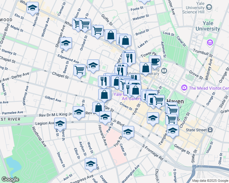 map of restaurants, bars, coffee shops, grocery stores, and more near Chapel St & Howe St in New Haven