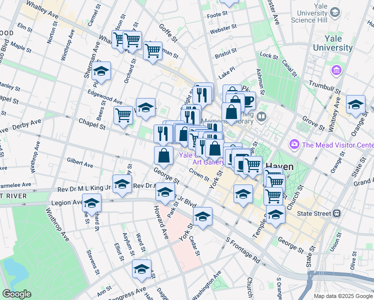 map of restaurants, bars, coffee shops, grocery stores, and more near 36 Edgewood Avenue in New Haven