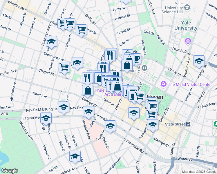 map of restaurants, bars, coffee shops, grocery stores, and more near 36 Edgewood Avenue in New Haven