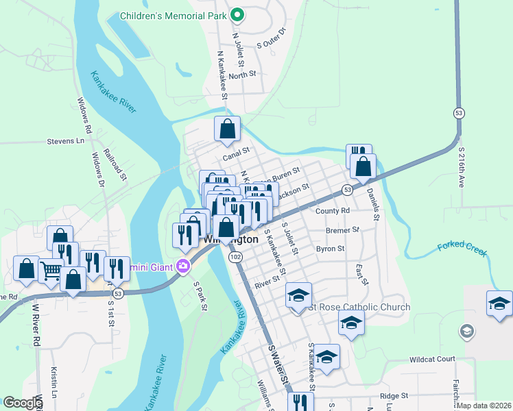 map of restaurants, bars, coffee shops, grocery stores, and more near 201 North Kankakee Street in Wilmington
