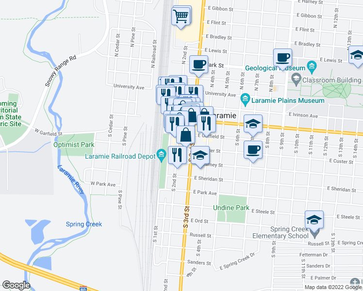 map of restaurants, bars, coffee shops, grocery stores, and more near 201 East Custer Street in Laramie