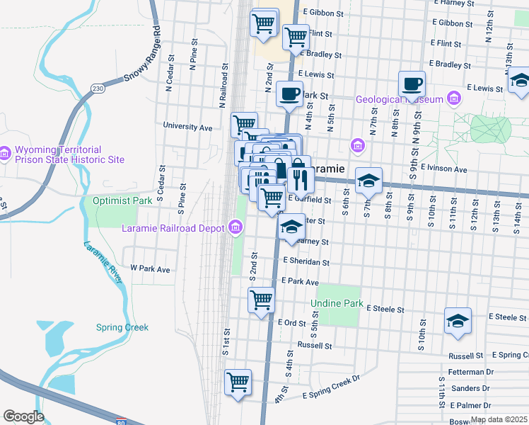map of restaurants, bars, coffee shops, grocery stores, and more near 222 East Garfield Street in Laramie