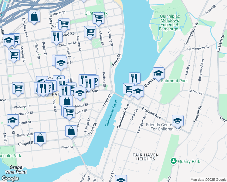 map of restaurants, bars, coffee shops, grocery stores, and more near 185 Front Street in New Haven