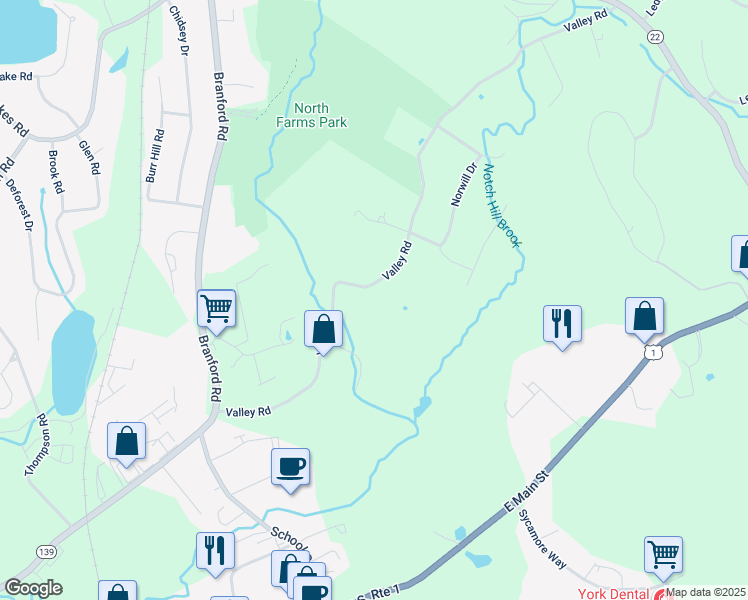 map of restaurants, bars, coffee shops, grocery stores, and more near 108 Valley Road in North Branford