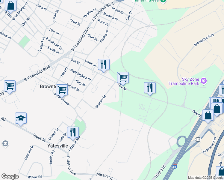map of restaurants, bars, coffee shops, grocery stores, and more near 991 Sunrise Dr in Pittston