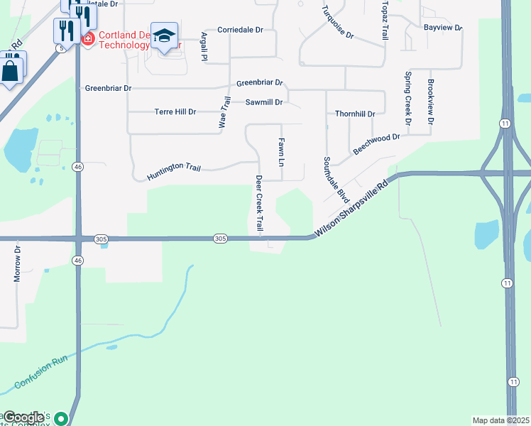 map of restaurants, bars, coffee shops, grocery stores, and more near 308 Deer Creek Trail in Cortland