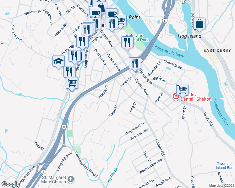 map of restaurants, bars, coffee shops, grocery stores, and more near 83 Kneen Street in Shelton