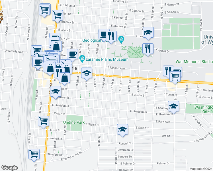 map of restaurants, bars, coffee shops, grocery stores, and more near 312 South 10th Street in Laramie