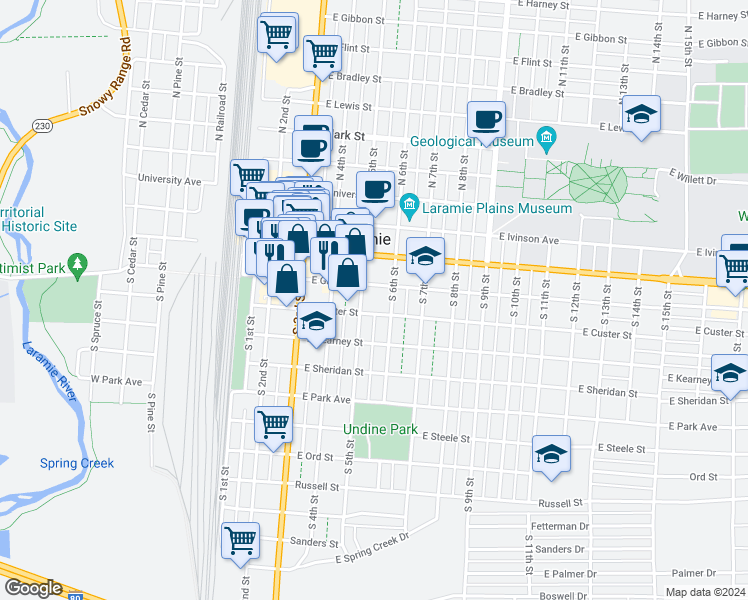 map of restaurants, bars, coffee shops, grocery stores, and more near 501 East Garfield Street in Laramie