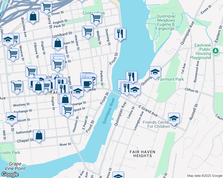 map of restaurants, bars, coffee shops, grocery stores, and more near 185 Front Street in New Haven