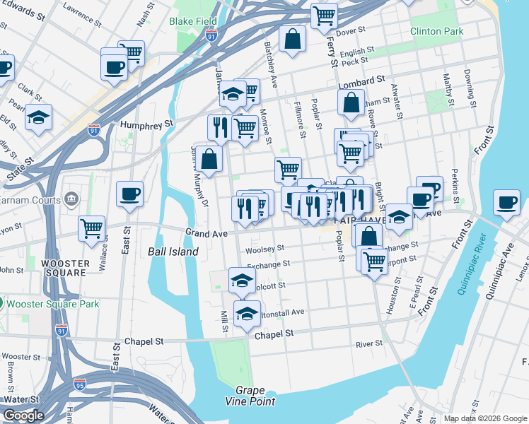 map of restaurants, bars, coffee shops, grocery stores, and more near 272 Lloyd Street in New Haven