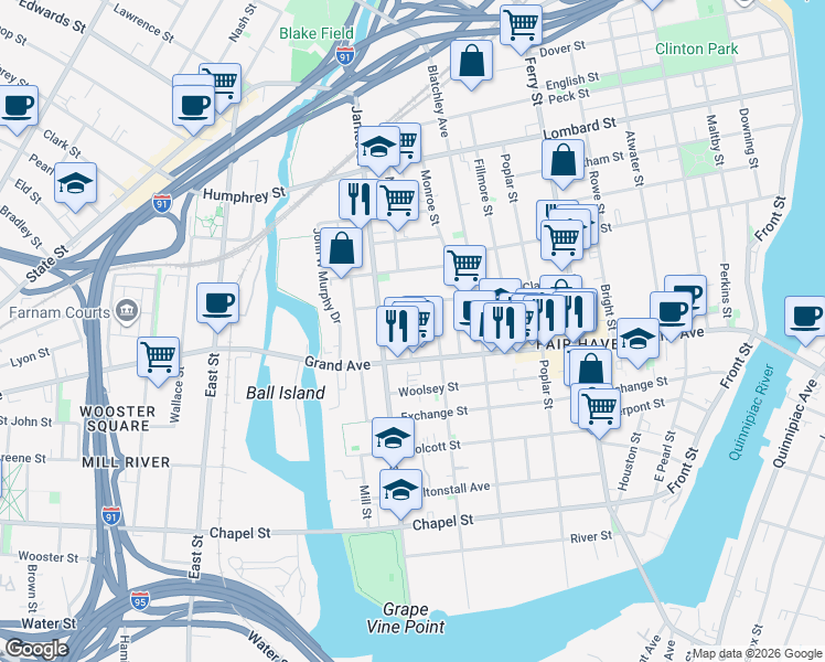 map of restaurants, bars, coffee shops, grocery stores, and more near 272 Lloyd Street in New Haven