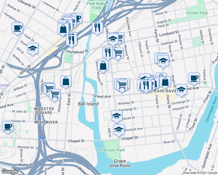 map of restaurants, bars, coffee shops, grocery stores, and more near 106 Haven Street in New Haven