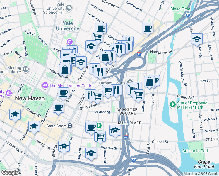 map of restaurants, bars, coffee shops, grocery stores, and more near 73 William Street in New Haven