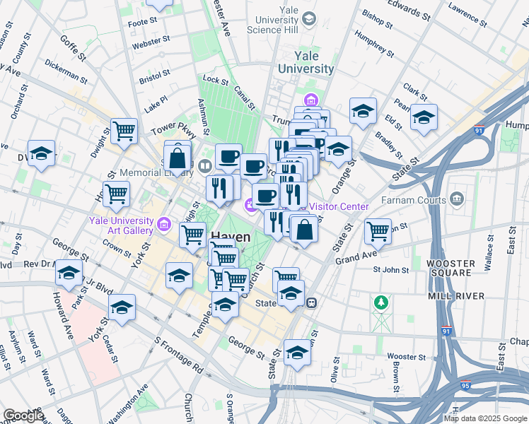 map of restaurants, bars, coffee shops, grocery stores, and more near 80 Wall Street in New Haven