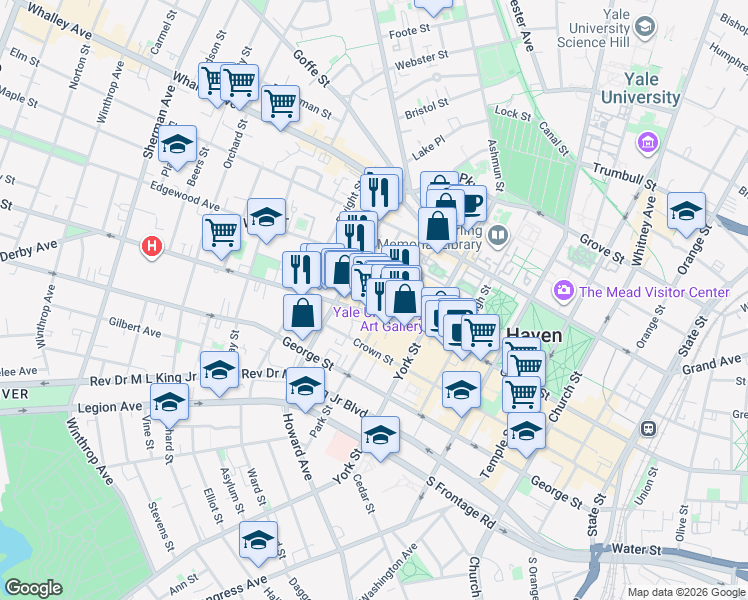 map of restaurants, bars, coffee shops, grocery stores, and more near 36 Edgewood Avenue in New Haven