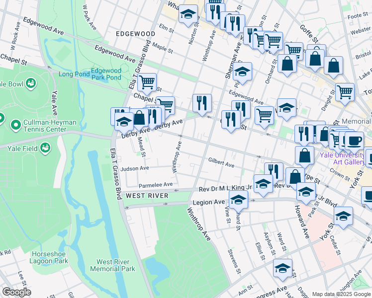 map of restaurants, bars, coffee shops, grocery stores, and more near 708 George Street in New Haven