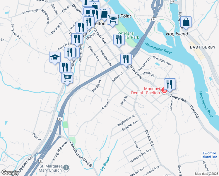 map of restaurants, bars, coffee shops, grocery stores, and more near 31 Carley Street in Shelton