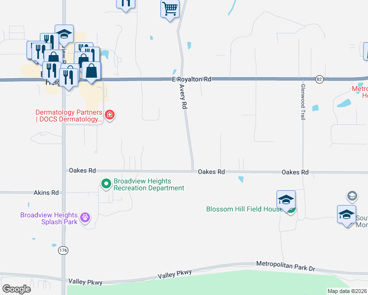 map of restaurants, bars, coffee shops, grocery stores, and more near 9389 Avery Road in Broadview Heights
