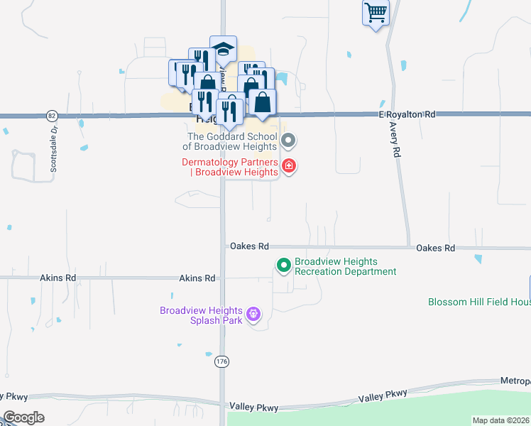 map of restaurants, bars, coffee shops, grocery stores, and more near 9390 Rockys Court in Broadview Heights
