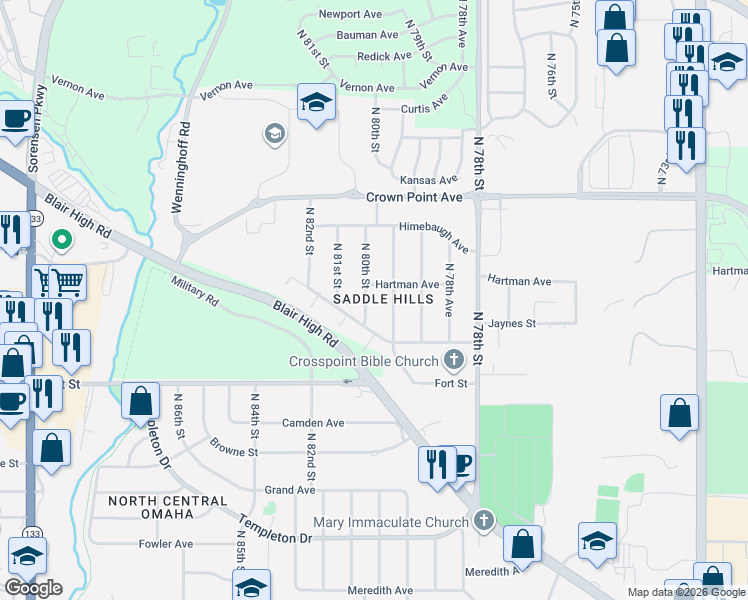 map of restaurants, bars, coffee shops, grocery stores, and more near 5704 North 79th Avenue in Omaha