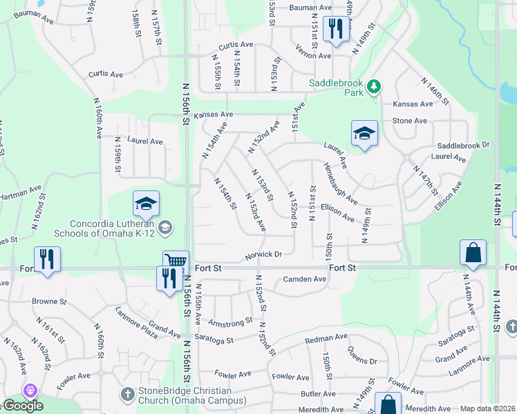 map of restaurants, bars, coffee shops, grocery stores, and more near 5544 North 153rd Street in Omaha