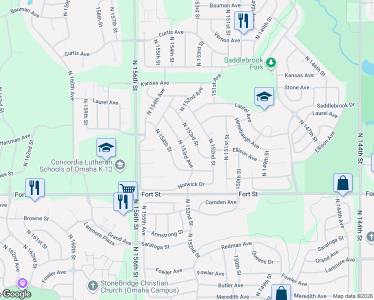 map of restaurants, bars, coffee shops, grocery stores, and more near 5544 North 153rd Street in Omaha
