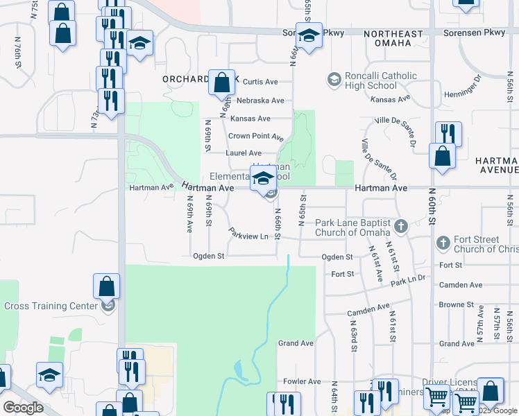 map of restaurants, bars, coffee shops, grocery stores, and more near 5530 North 66th Street in Omaha