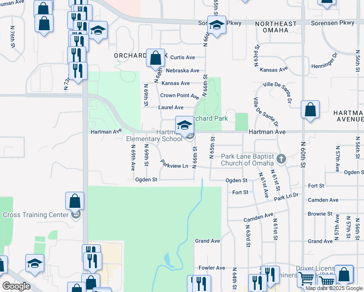map of restaurants, bars, coffee shops, grocery stores, and more near 5530 North 66th Street in Omaha