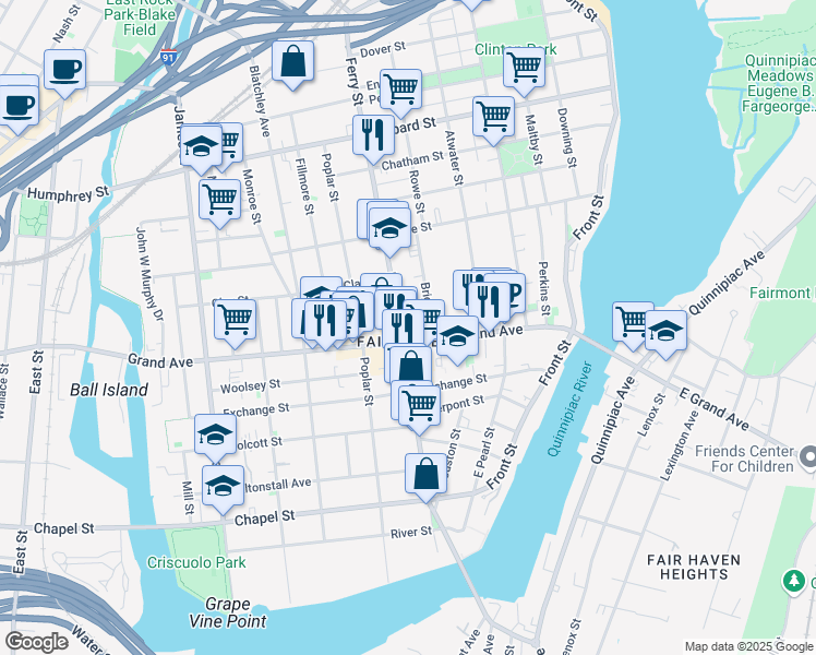 map of restaurants, bars, coffee shops, grocery stores, and more near 355 Ferry Street in New Haven