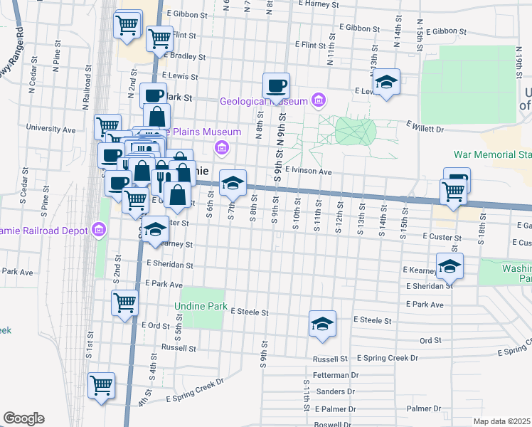 map of restaurants, bars, coffee shops, grocery stores, and more near 812 East Garfield Street in Laramie