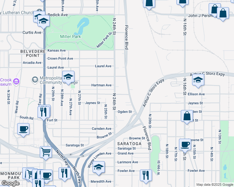 map of restaurants, bars, coffee shops, grocery stores, and more near 5616 Florence Boulevard in Omaha