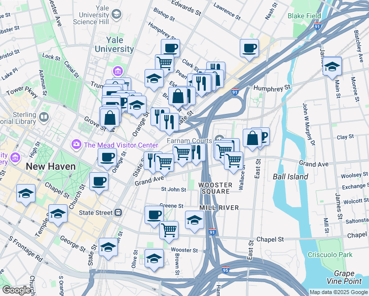 map of restaurants, bars, coffee shops, grocery stores, and more near 60 William Street in New Haven