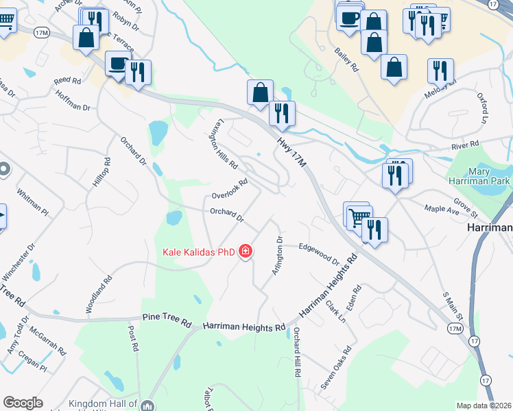 map of restaurants, bars, coffee shops, grocery stores, and more near 1 Woodland Road in Monroe