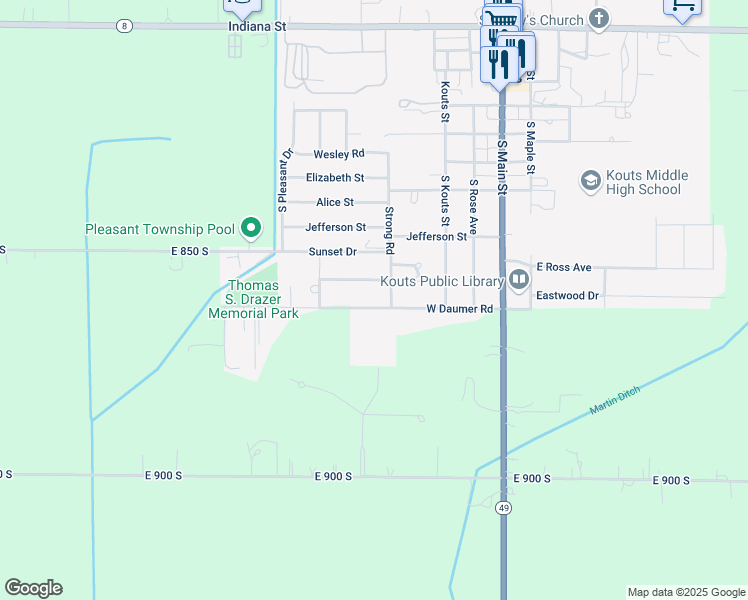 map of restaurants, bars, coffee shops, grocery stores, and more near 501-799 W Linda Ln in Kouts