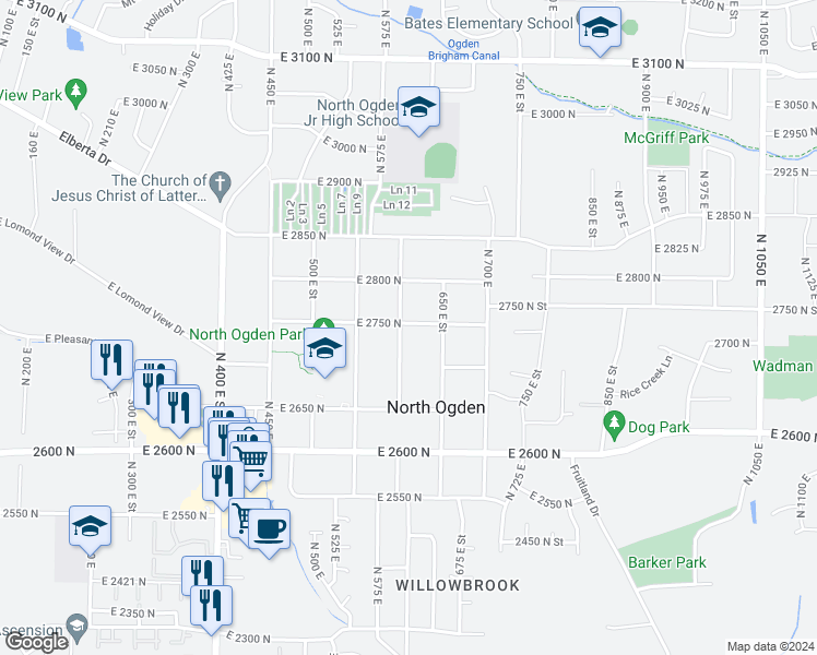 map of restaurants, bars, coffee shops, grocery stores, and more near 608 2750 North Street in Ogden